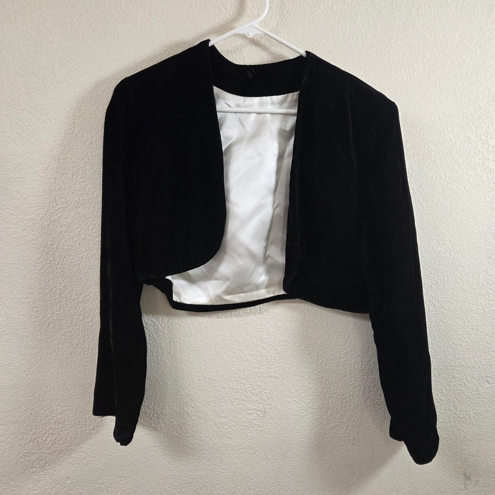 Vtg Black Velvet Cropped Bolero Shrug Jacket Open Front Long Sleeve Satin Lining